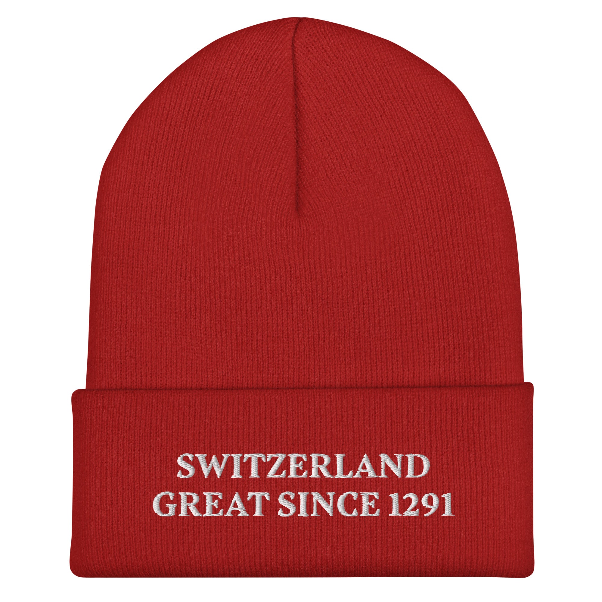 Close-up of the premium embroidery on the Switzerland Great Since 1291 beanie