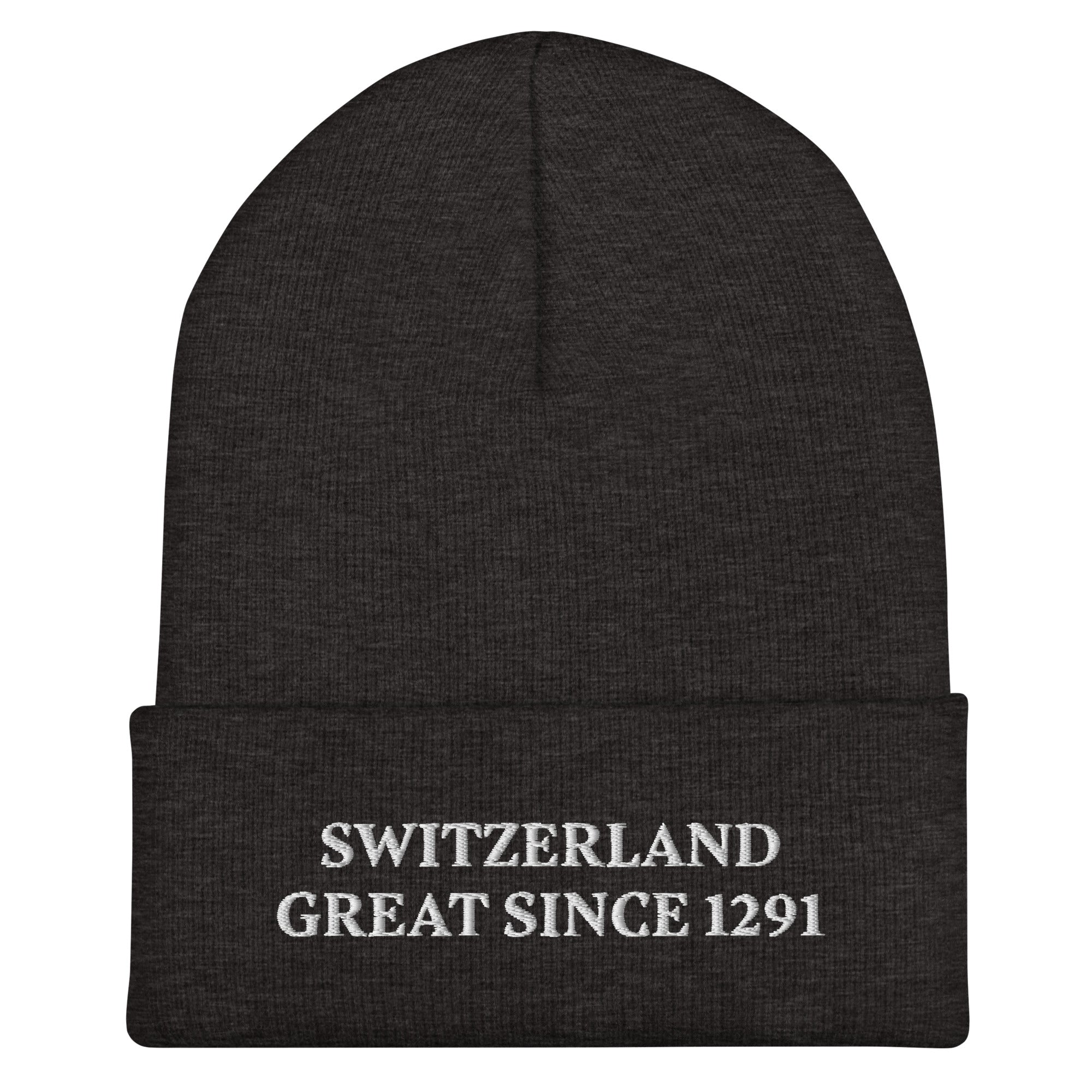 Switzerland Great Since 1291 embroidered beanie on a clean background