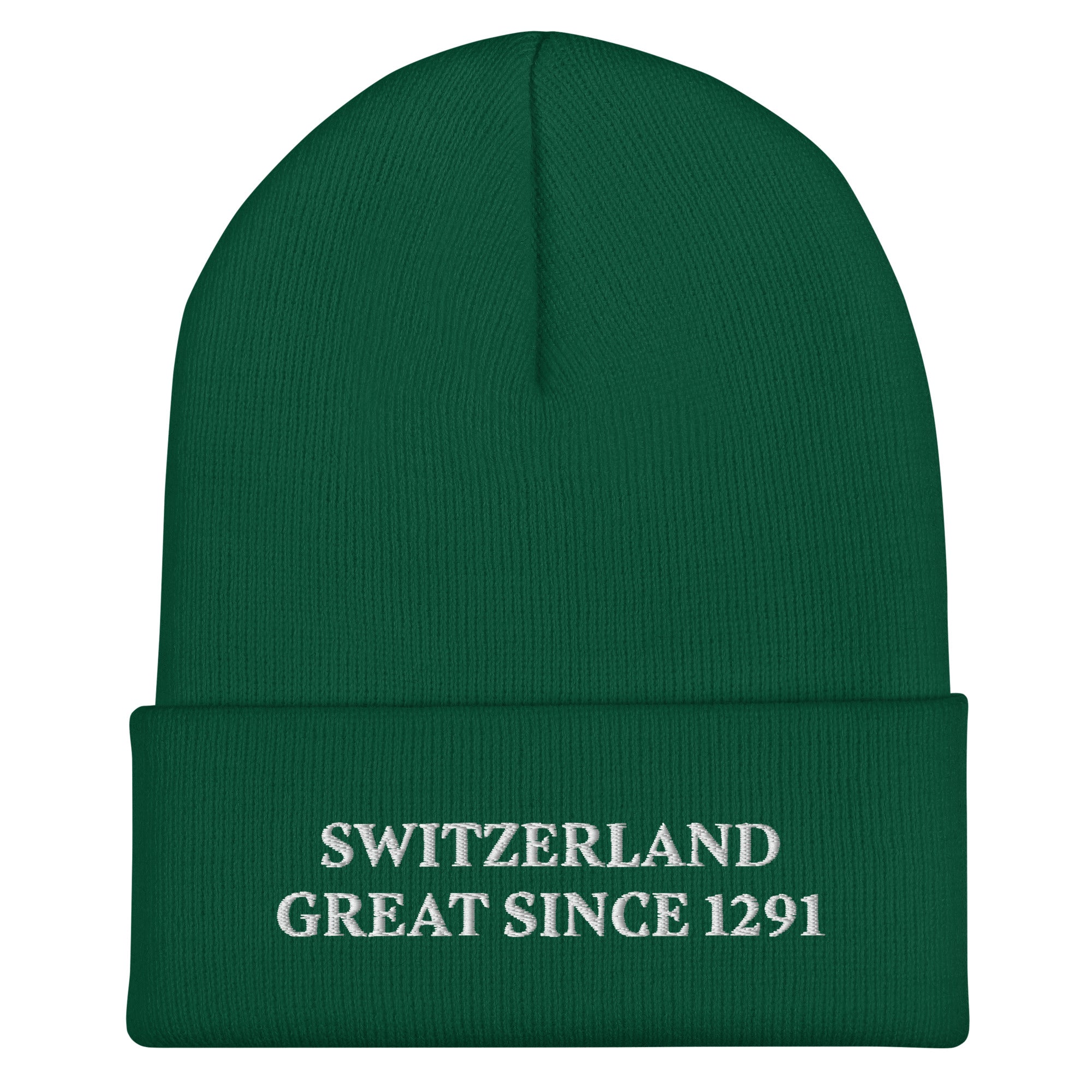 Premium knit fabric and embroidery detail of the Switzerland Great Since 1291 beanie