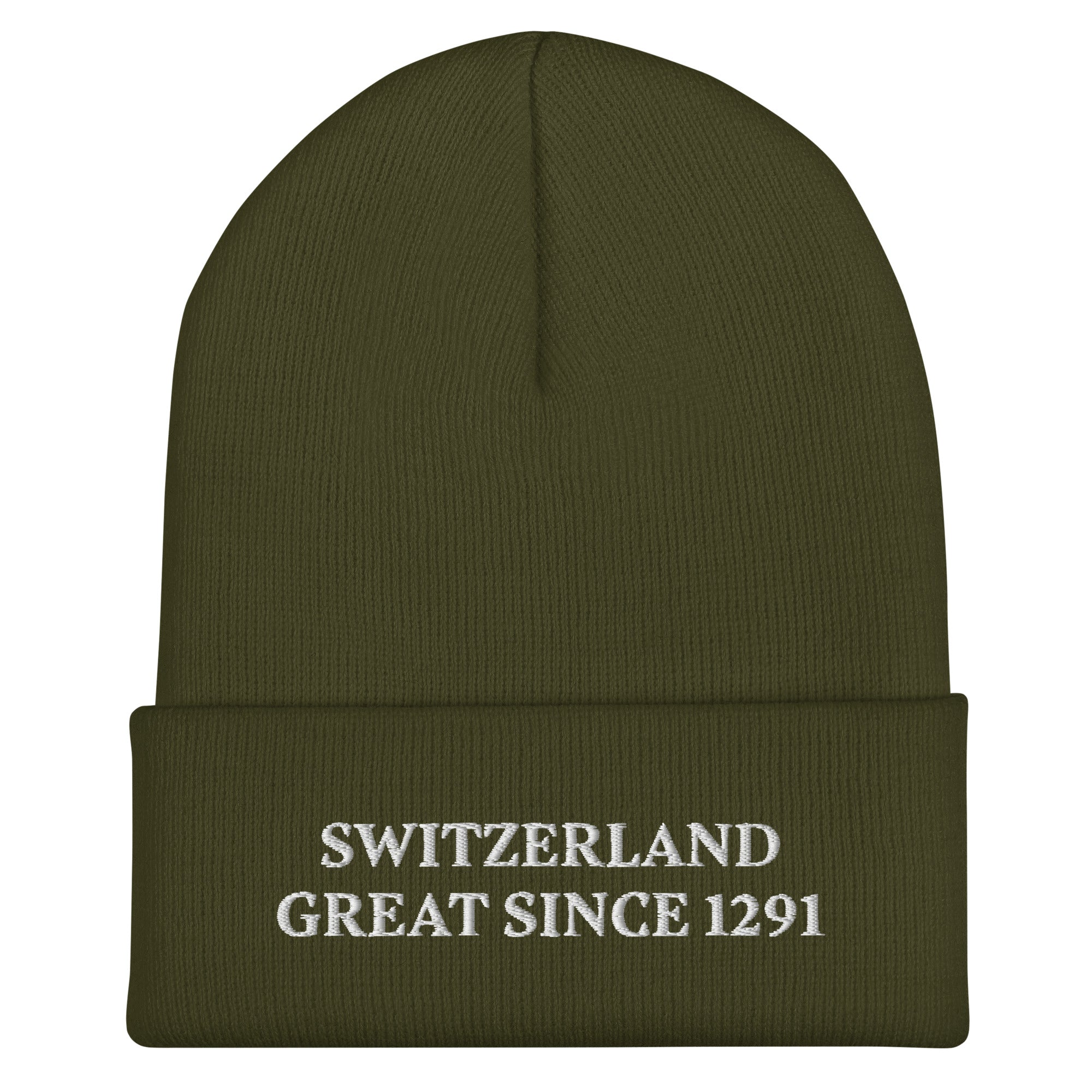 Model wearing the Switzerland Great Since 1291 embroidered beanie