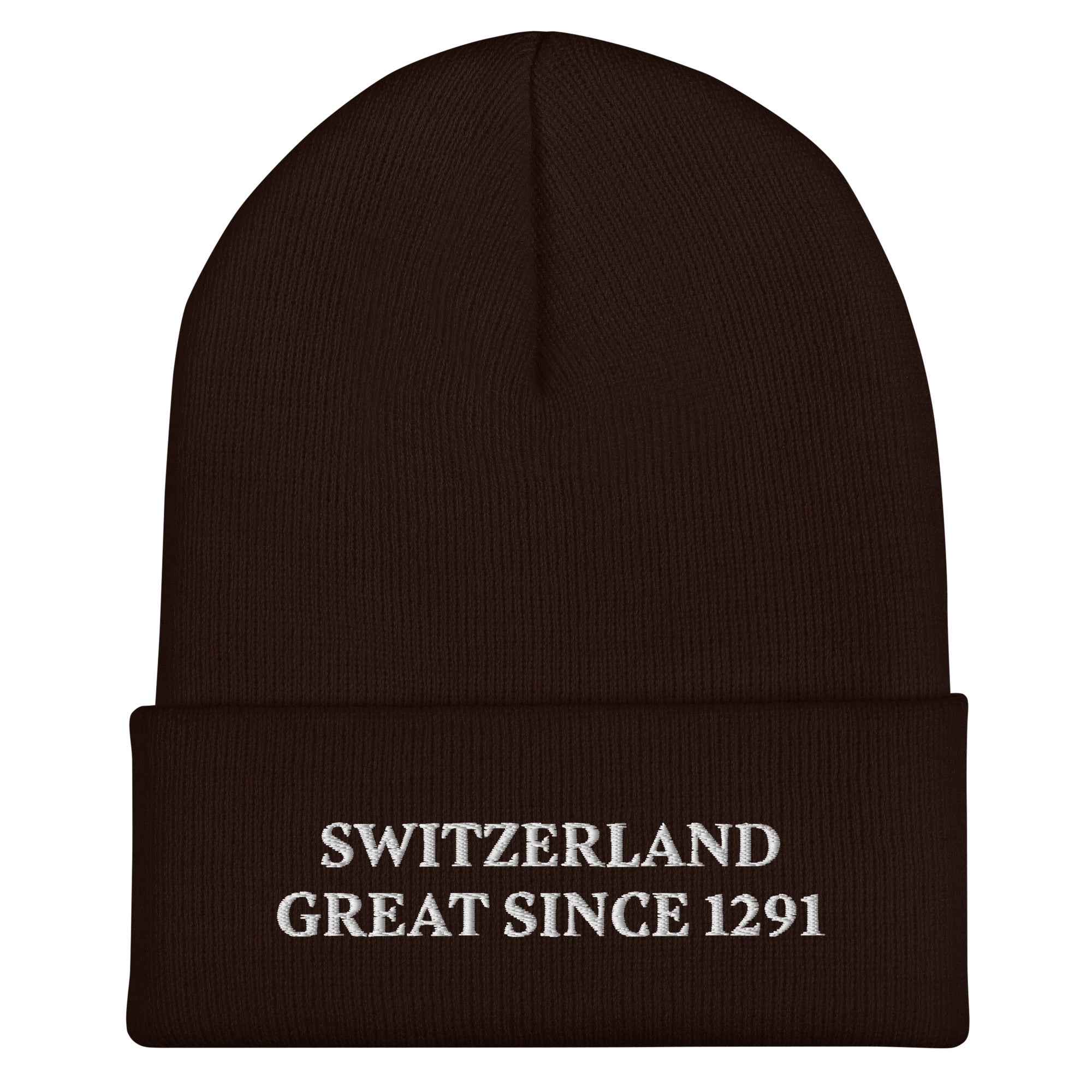 Side view of the Switzerland Great Since 1291 embroidered winter beanie