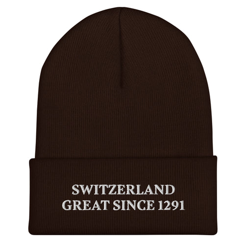 Side view of the Switzerland Great Since 1291 embroidered winter beanie