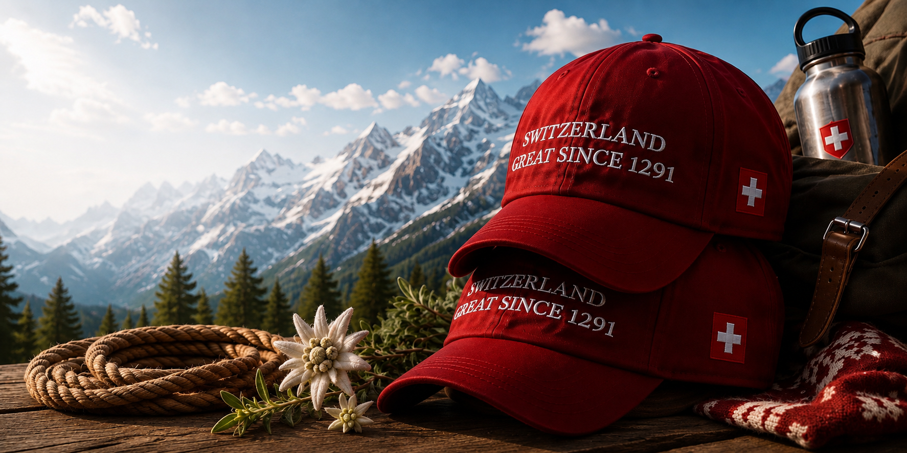 Due cappellini rossi ricamati Switzerland Great Since 1291 con croce svizzera, su sfondo di montagne svizzere con corda e stella alpina