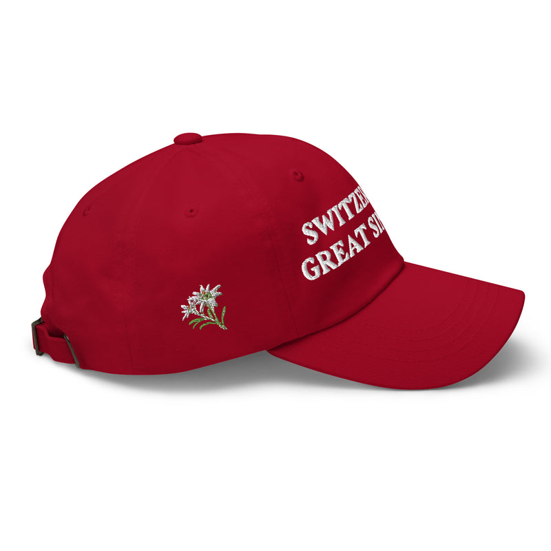 Cappellino Switzerland Great Since 1291 con stella alpina Edelweiss ricamata sul lato sinistro