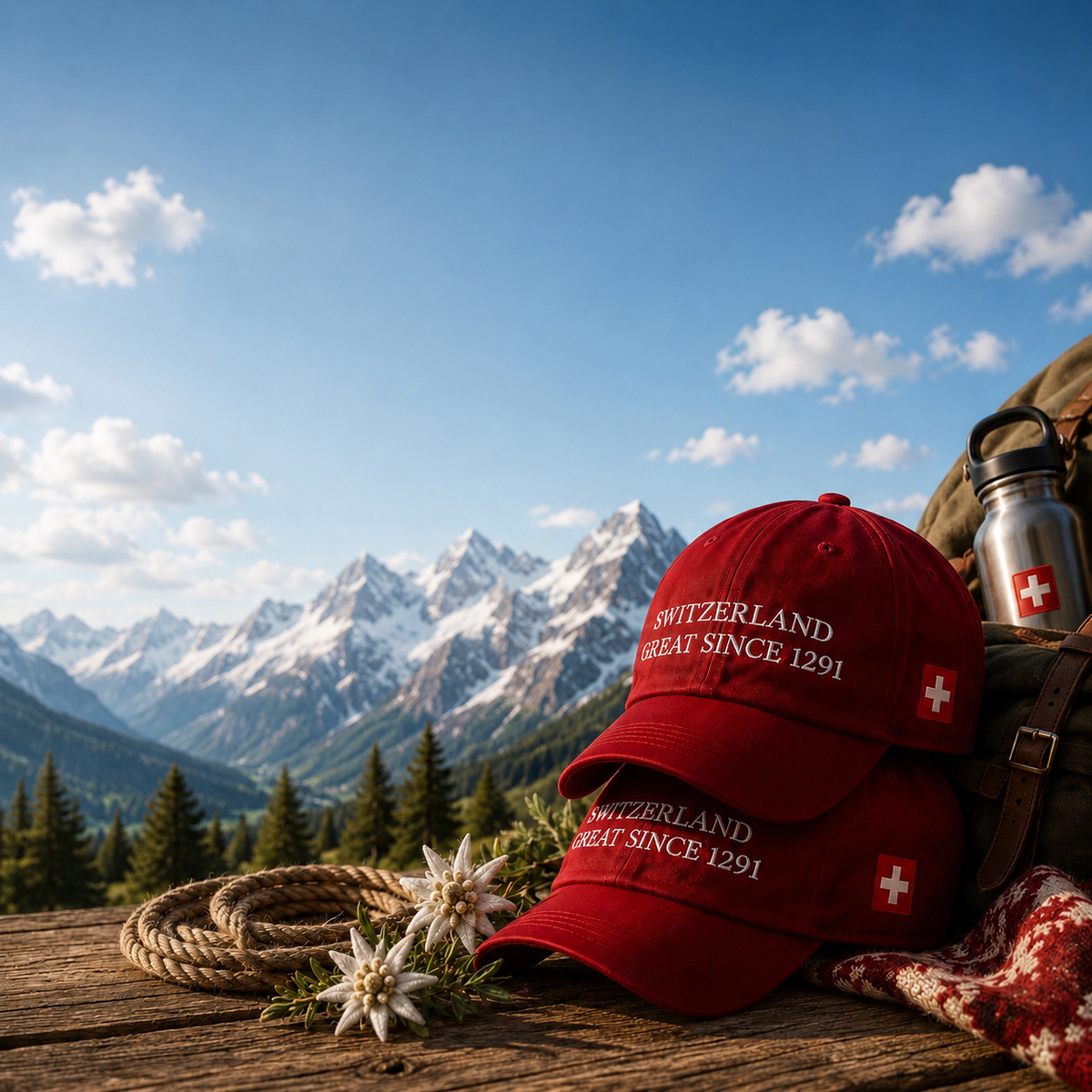 Embroidered Switzerland Great Since 1291 cap with Swiss cross and edelweiss, Swiss mountain background