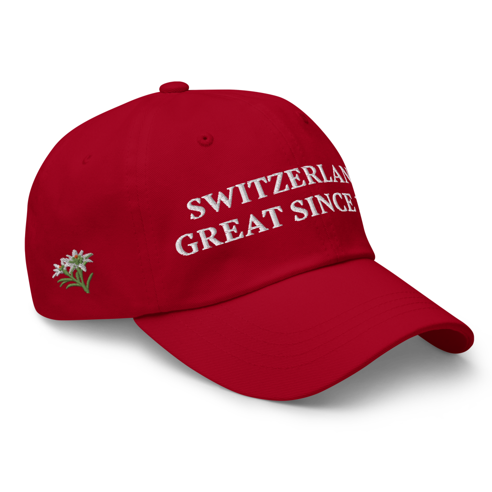 Cappellino Switzerland Great Since 1291, vista laterale con ricamo stella alpina