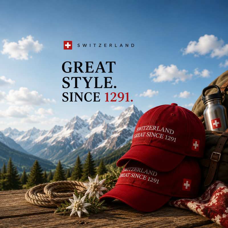 Logo Switzerland Great Since 1291 ricamato su cappellino, ispirato alle Alpi svizzere