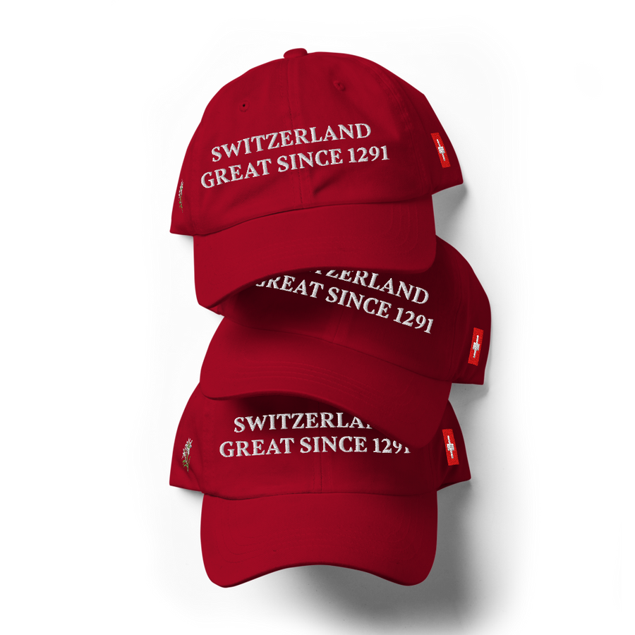 Three red embroidered Switzerland Great Since 1291 caps with Swiss cross, our model inspired by the cap that went viral at the 2026 World Cup
